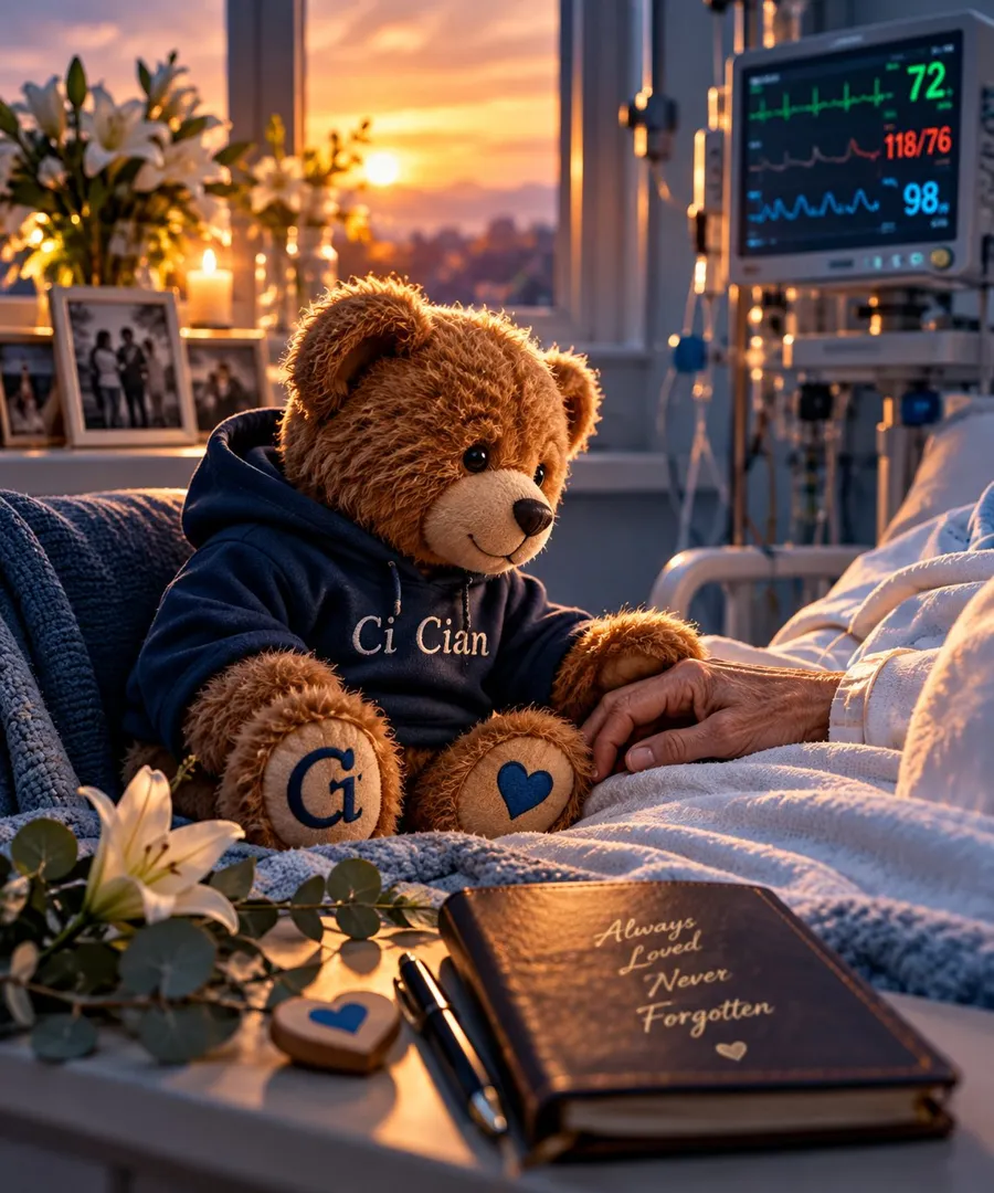 Ci Cian the teddy bear sits on a hospital bed at sunset, gently holding an elderly patient's hand.