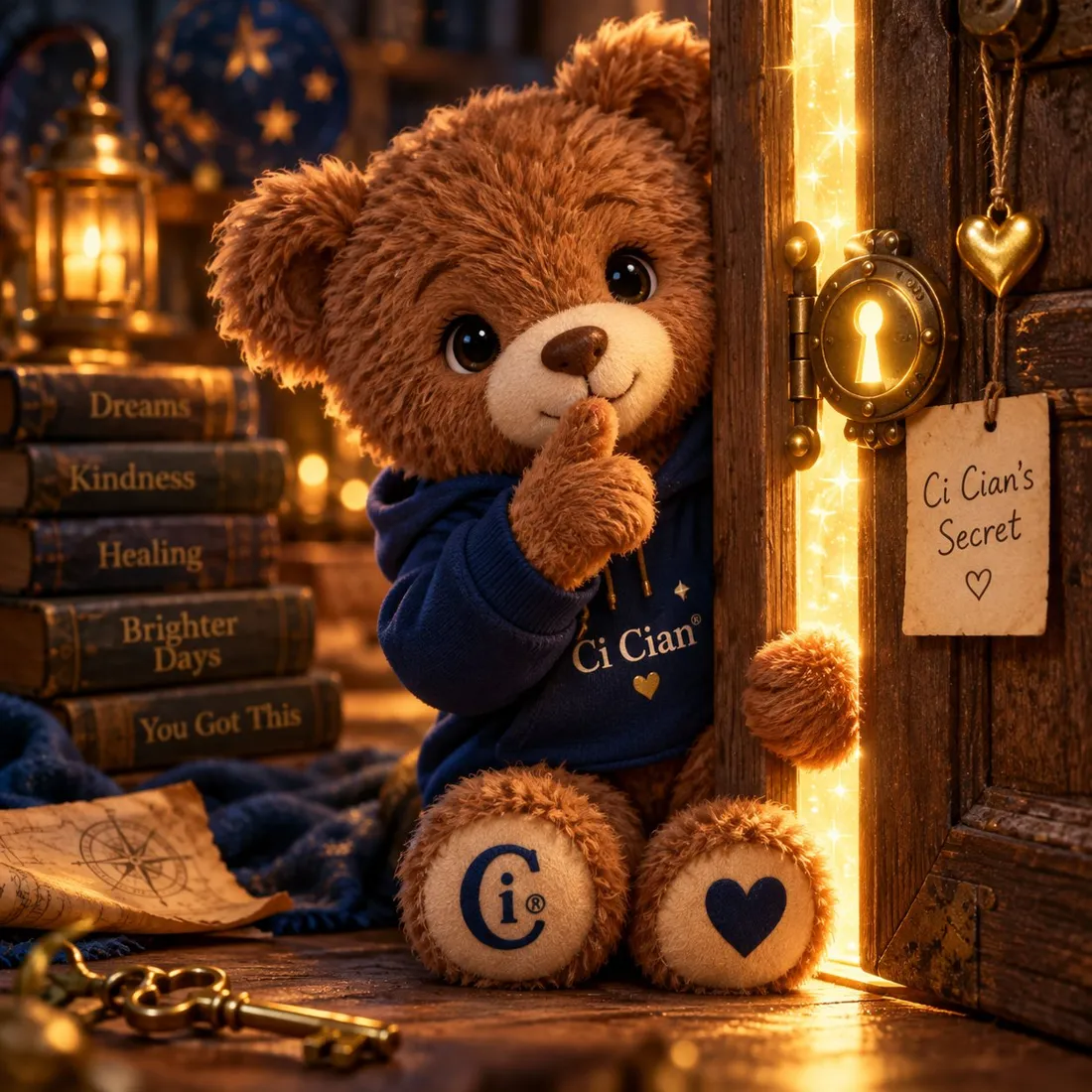 Ci Cian peeks out from a cracked wooden door spilling golden light, a paw to his mouth in a “shhh”, beside a stack of books, a brass key and an old map. A tag reads “Ci Cian's Secret”.