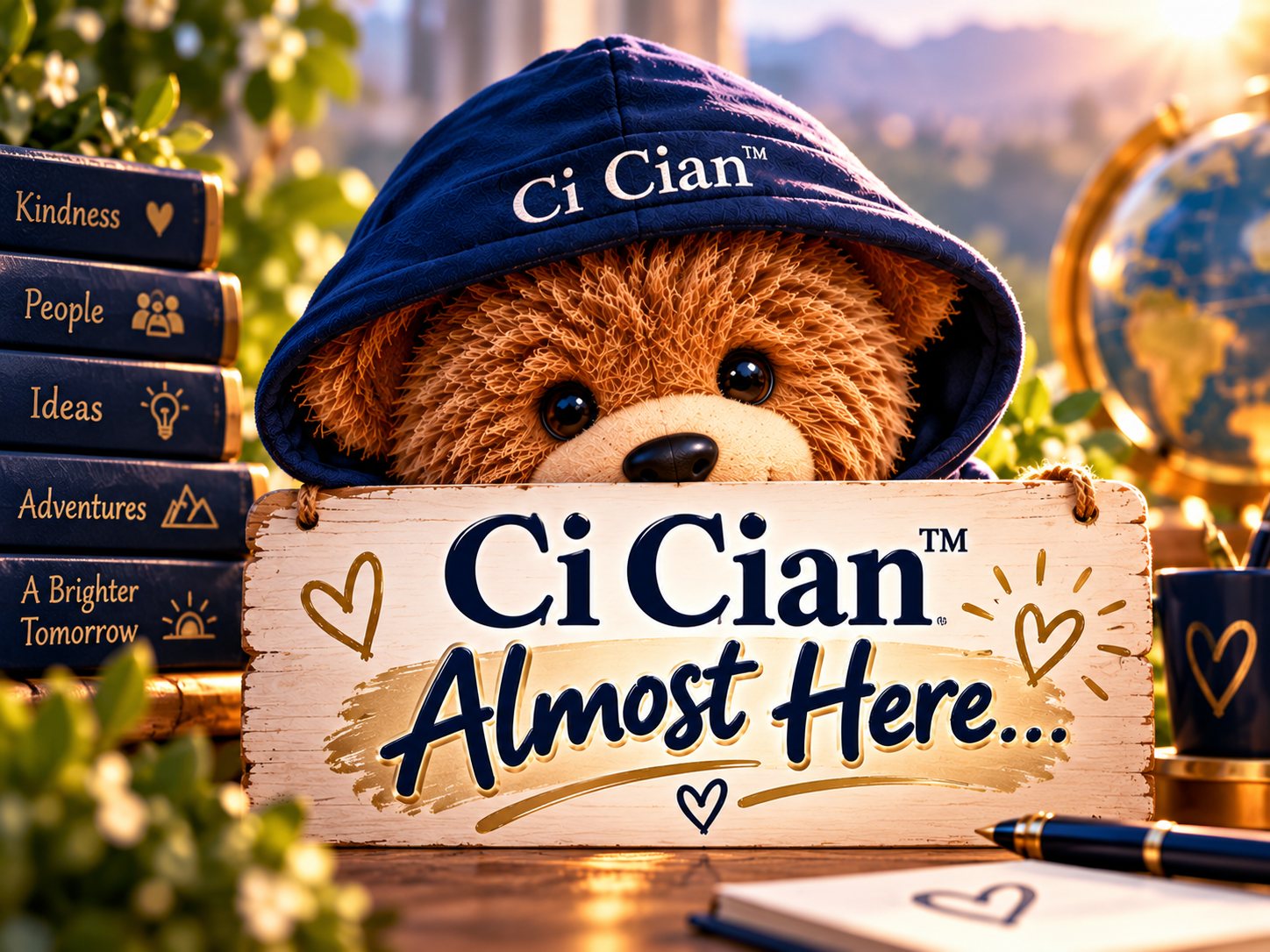 Ci Cian, a teddy bear in a navy hoodie, peeks over a wooden sign reading “Almost Here...” beside a stack of books, a pen and notebook in warm golden light.